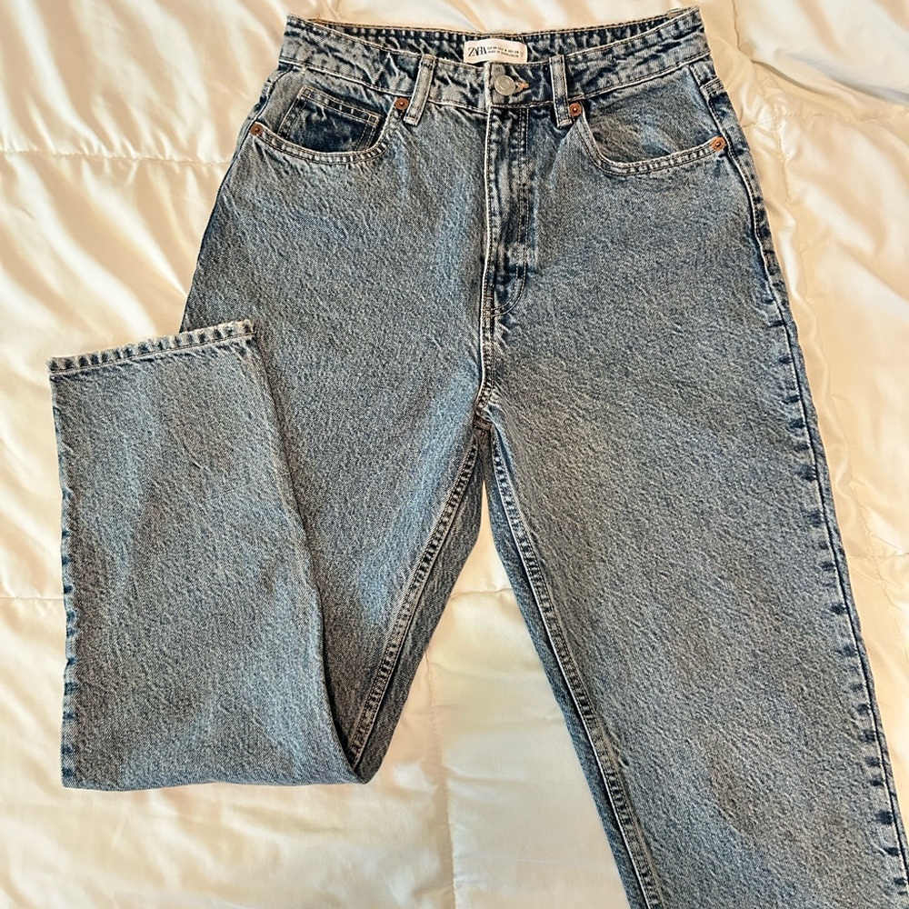 Zara Distressed Blue Denim Mom Jeans